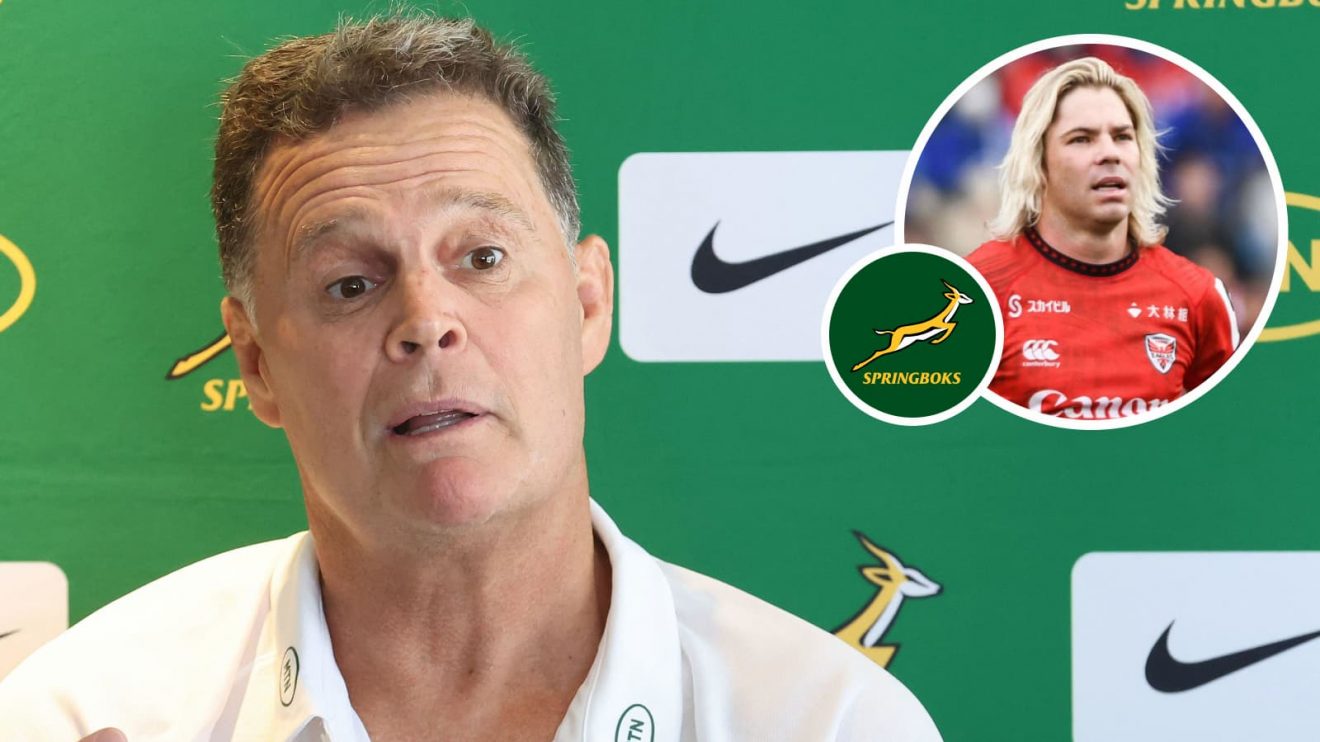 Springboks head coach Rassie Erasmus, and scrum-half Faf de Klerk in action for Yokohama Canon Eagles (inset).