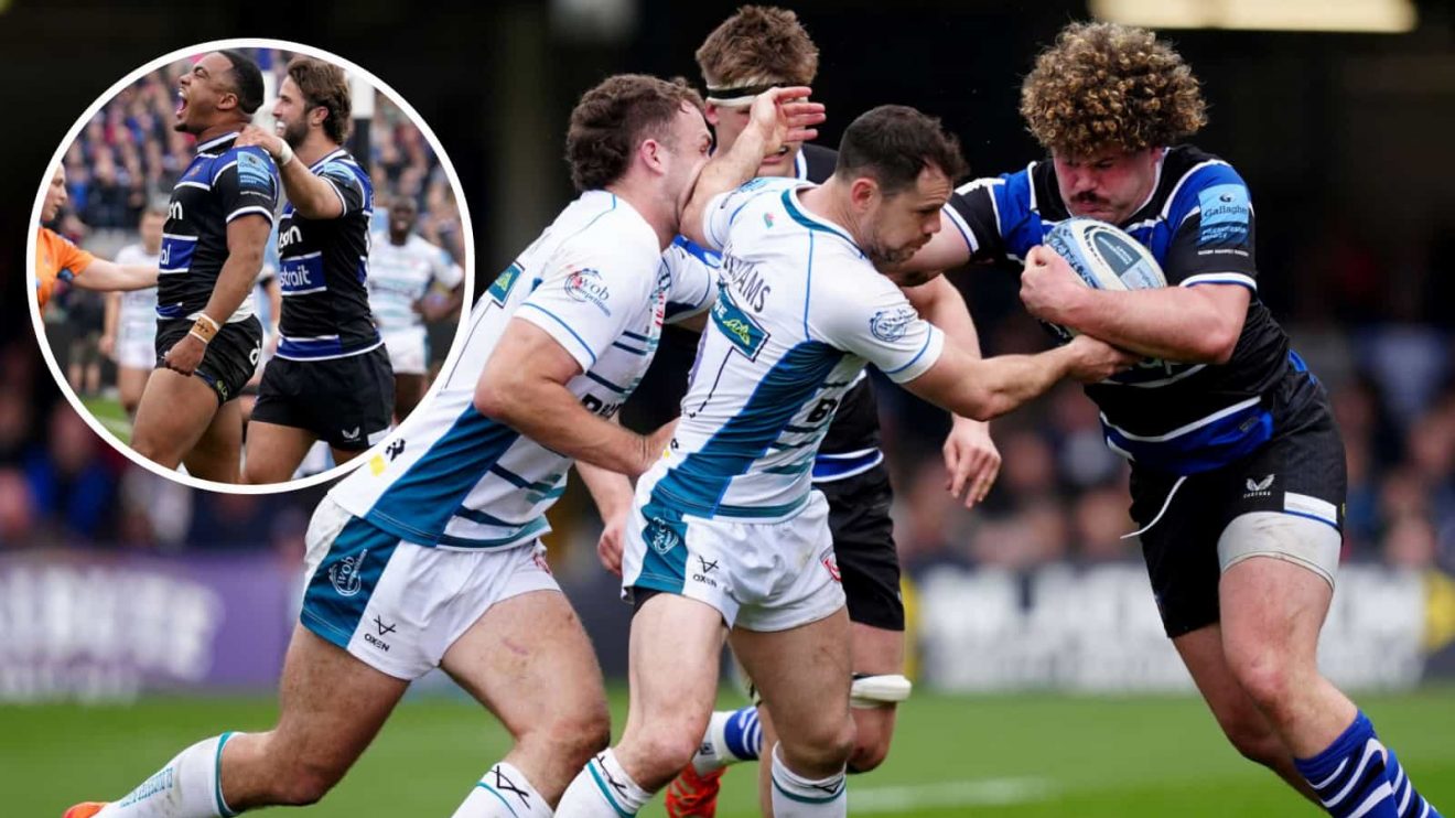 Alfie Barbeary in action for Bath v Gloucester and Max Ojomoh celebrating try in Premiership clash.