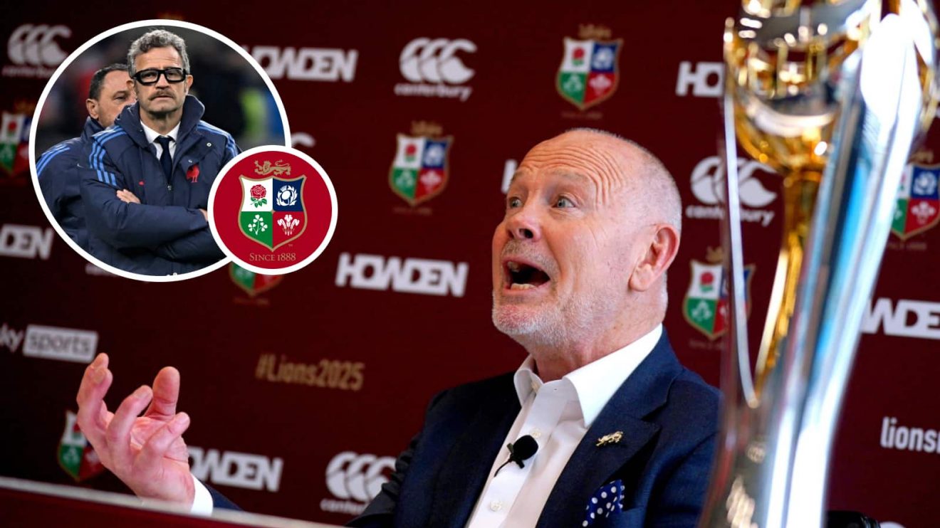 British and Irish Lions chairman Ieuan Evans and France head coach Fabien Galthie (inset).
