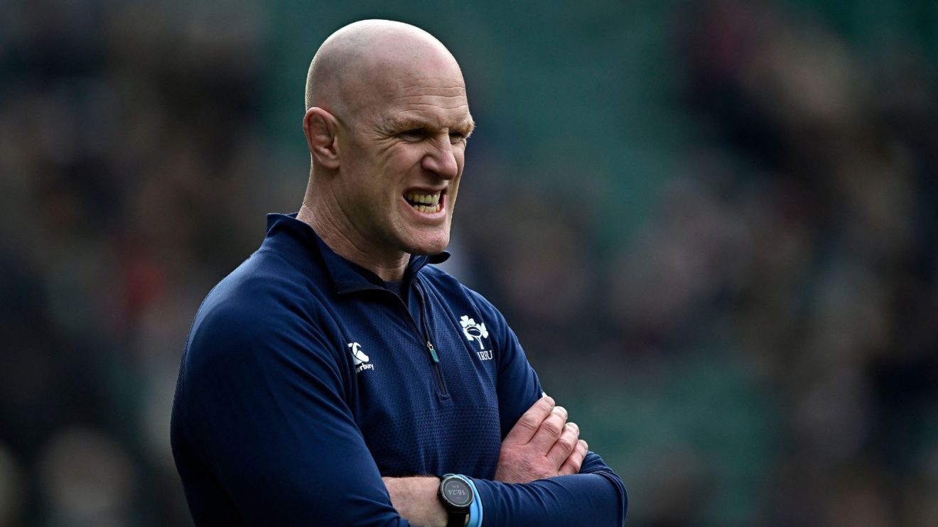 Ireland assistant coach Paul O'Connell watching Ireland warm-up in the 2025 Six Nations