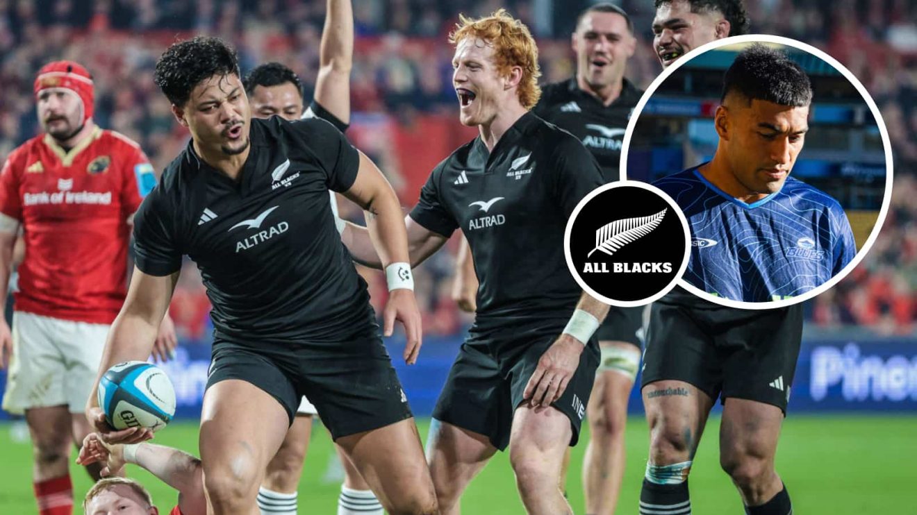 AJ Lam scoring for the All Blacks XV against Munster and Blues centre Rieko Ioane (inset).