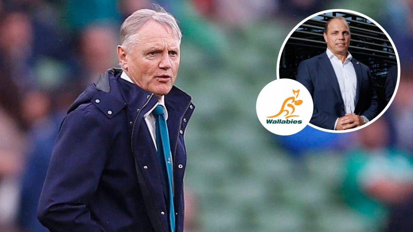 Current Wallabies head coach Joe Schmidt and Rugby Australia CEO Phil Waugh (inset).