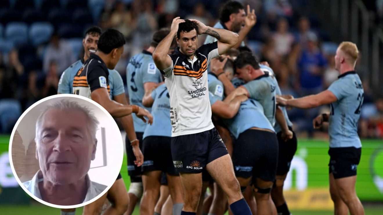 Brumbies taking on the Waratahs and All Blacks great Murray Mexted (inset).