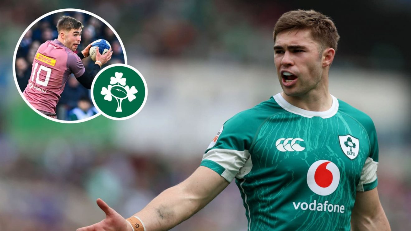 Fly-half Jack Crowley in action for Ireland and Munster (inset).