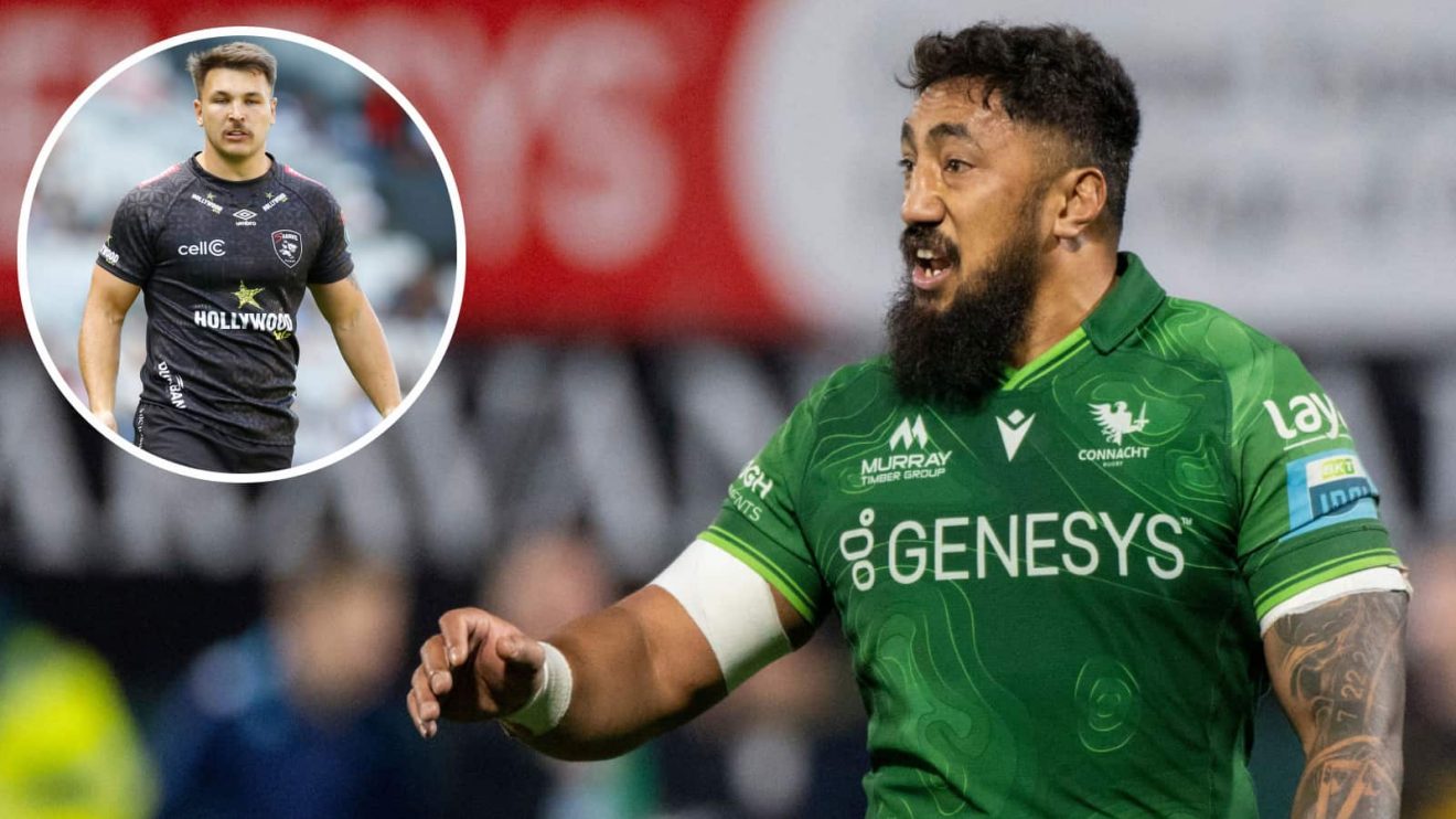 Bundee Aki in action for Connacht and Andre Esterhuizen playing for the Sharks (inset).