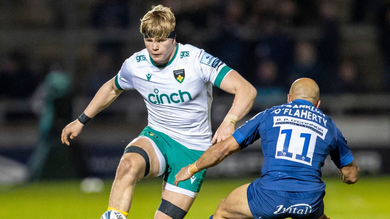 Henry Pollock in action for Northampton Saints against Sale Sharks.