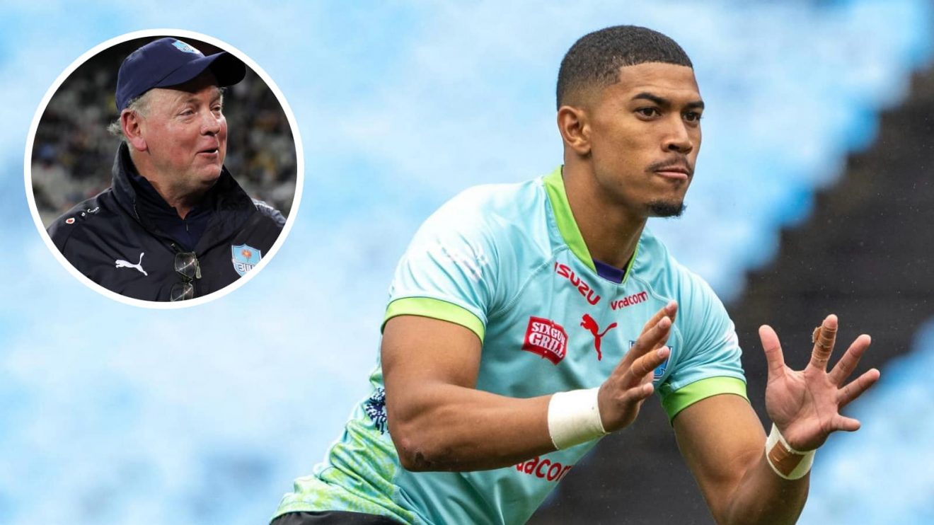 Keagan Johannes and an insert of Bulls boss Jake White (image credit: Blue Bulls Rugby)