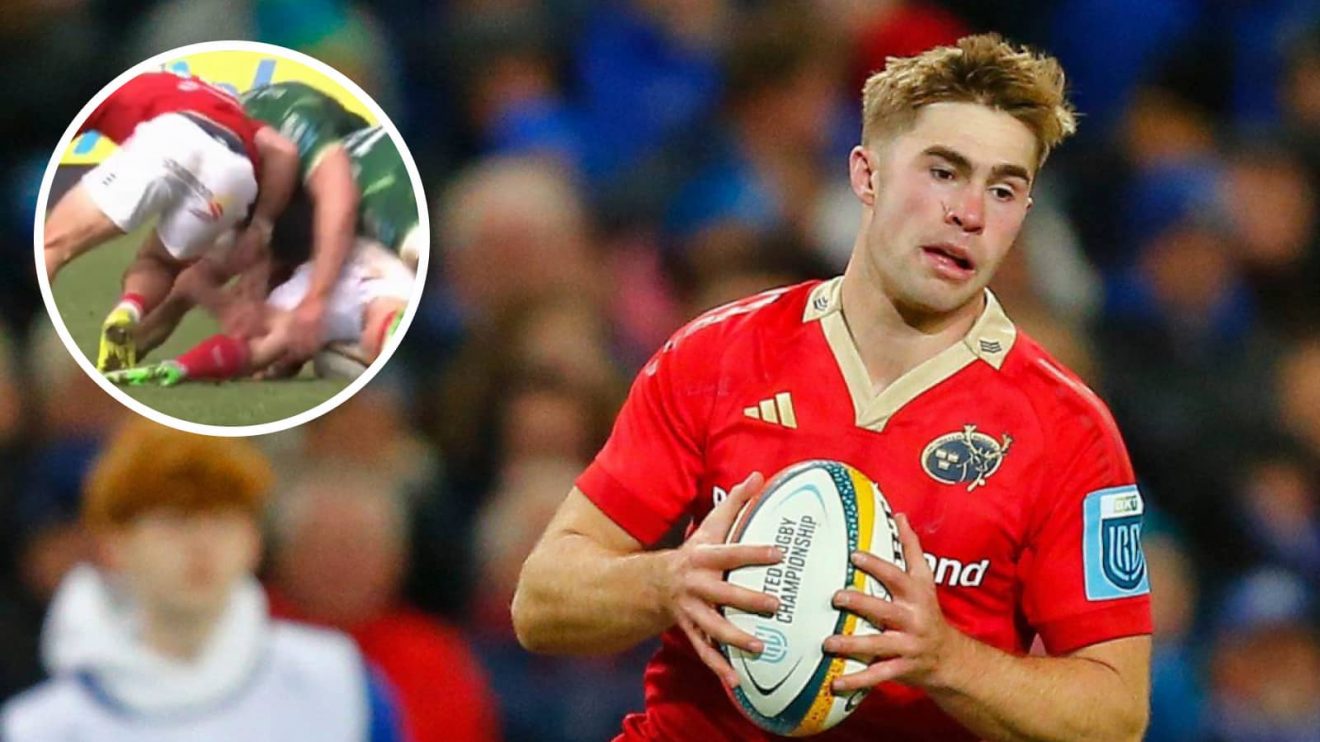 Munster fly-half Jack Crowley and Alex Nankivell red card for clearout on Cian Prendergast (inset).