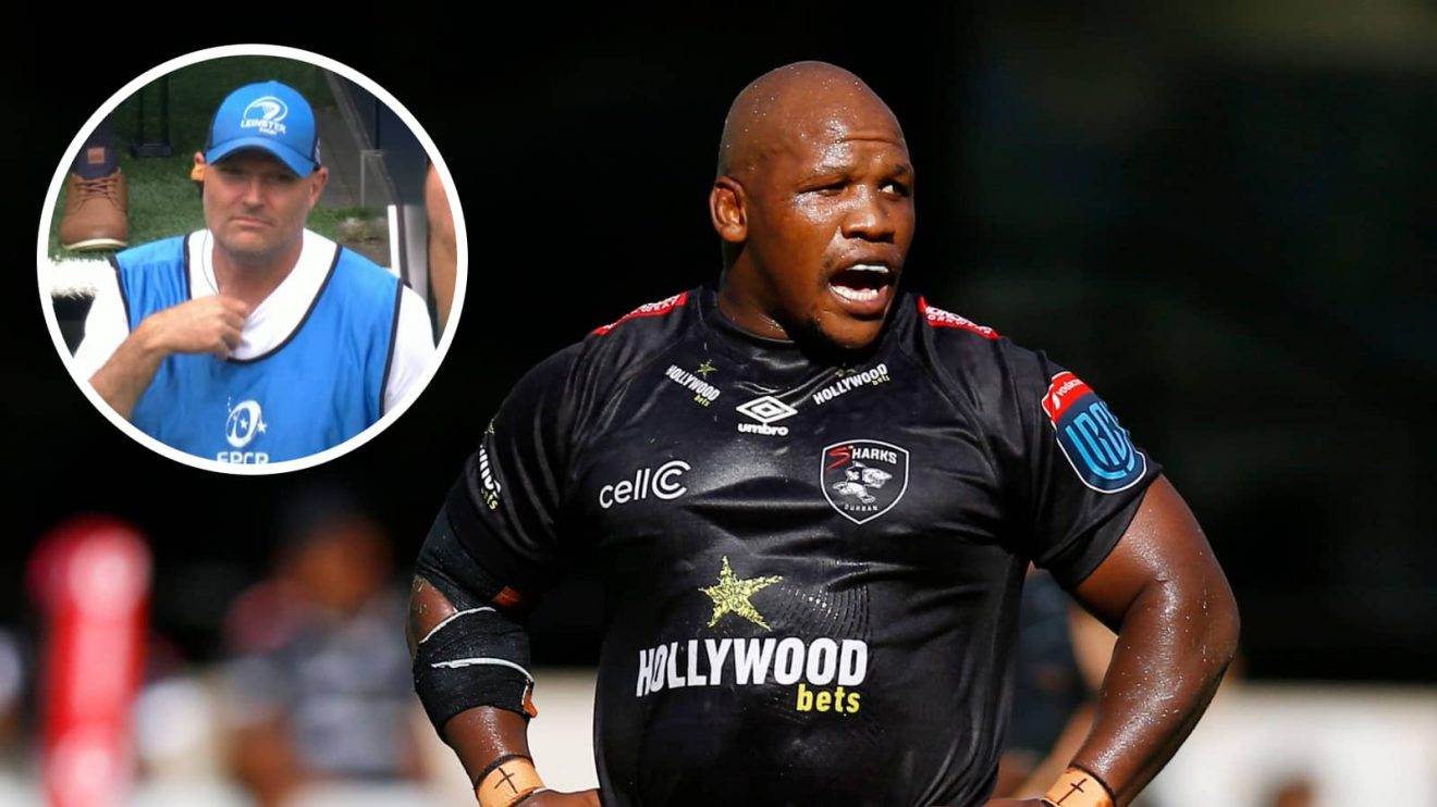 Sharks and Springboks forward Bongi Mbonambi and an insert of Jacques Nienaber.