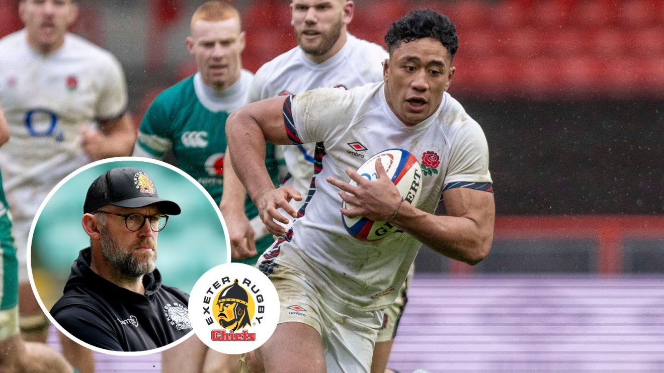Exeter Chiefs' Greg Fisilau with an inset of Rob Hunter