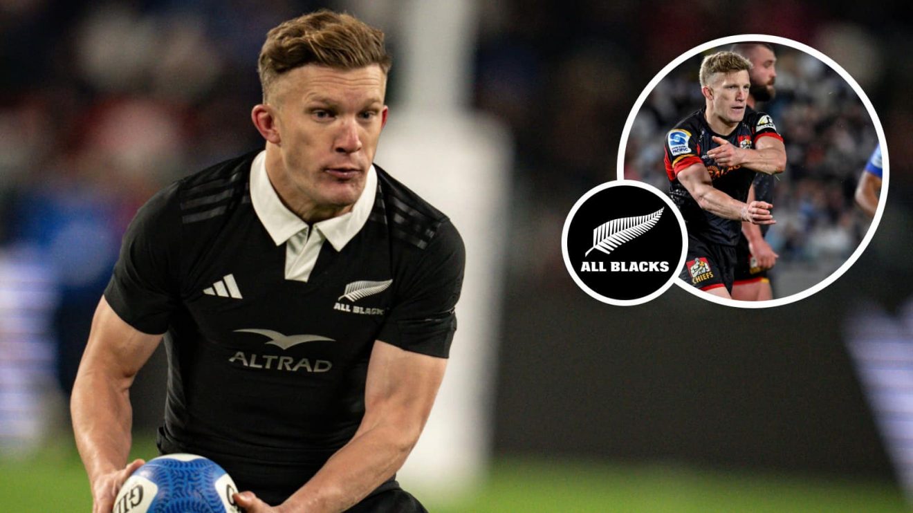 Damian McKenzie, who has signed a New Zealand Rugby extension, in action for the All Blacks and Chiefs (inset).