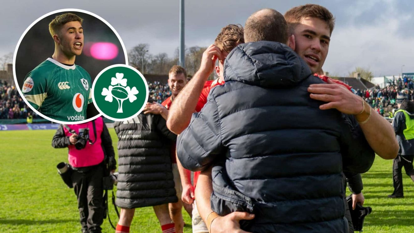 Jack Crowley and Ian Costello hugging after Munster's win over Connacht, and fly-half in action for Ireland during 2025 Six Nations (inset).