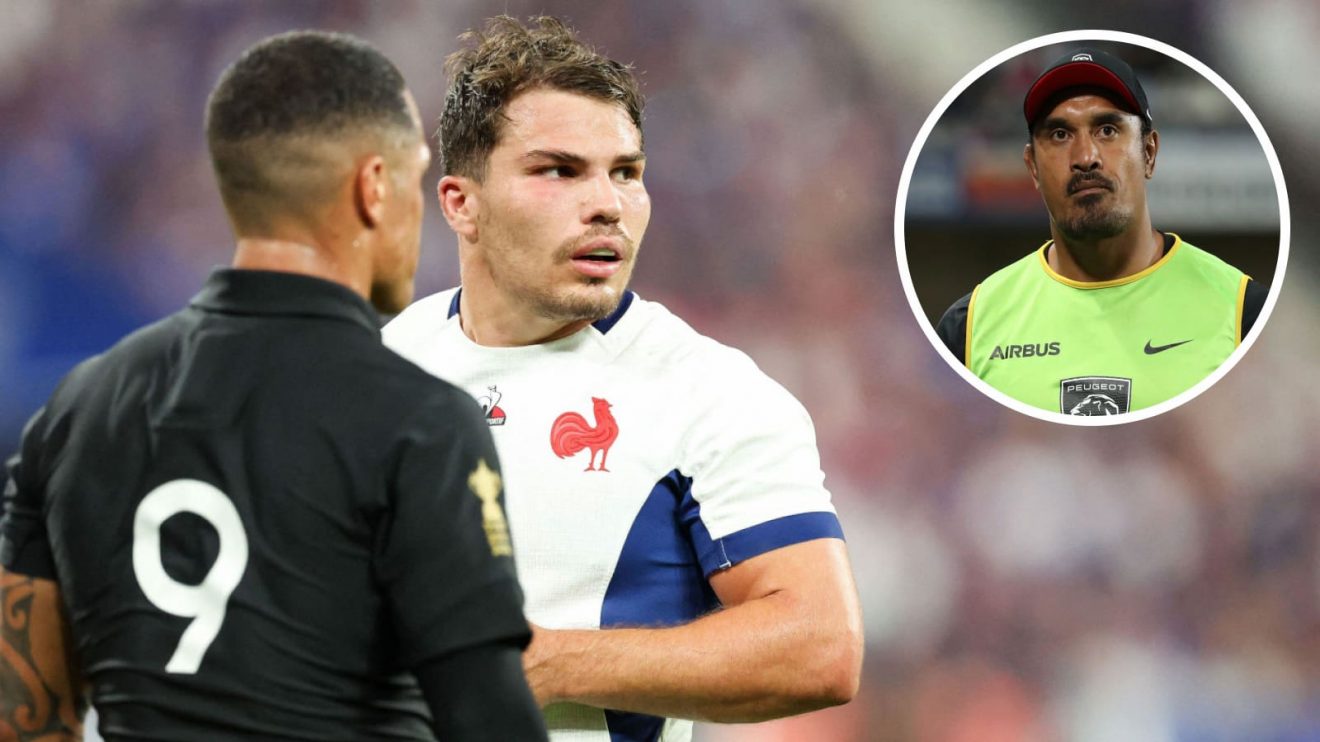 Aaron Smith and Antoine Dupont going head-to-head at the 2023 Rugby World Cup, and Toulouse coach Jerome Kaino (inset).