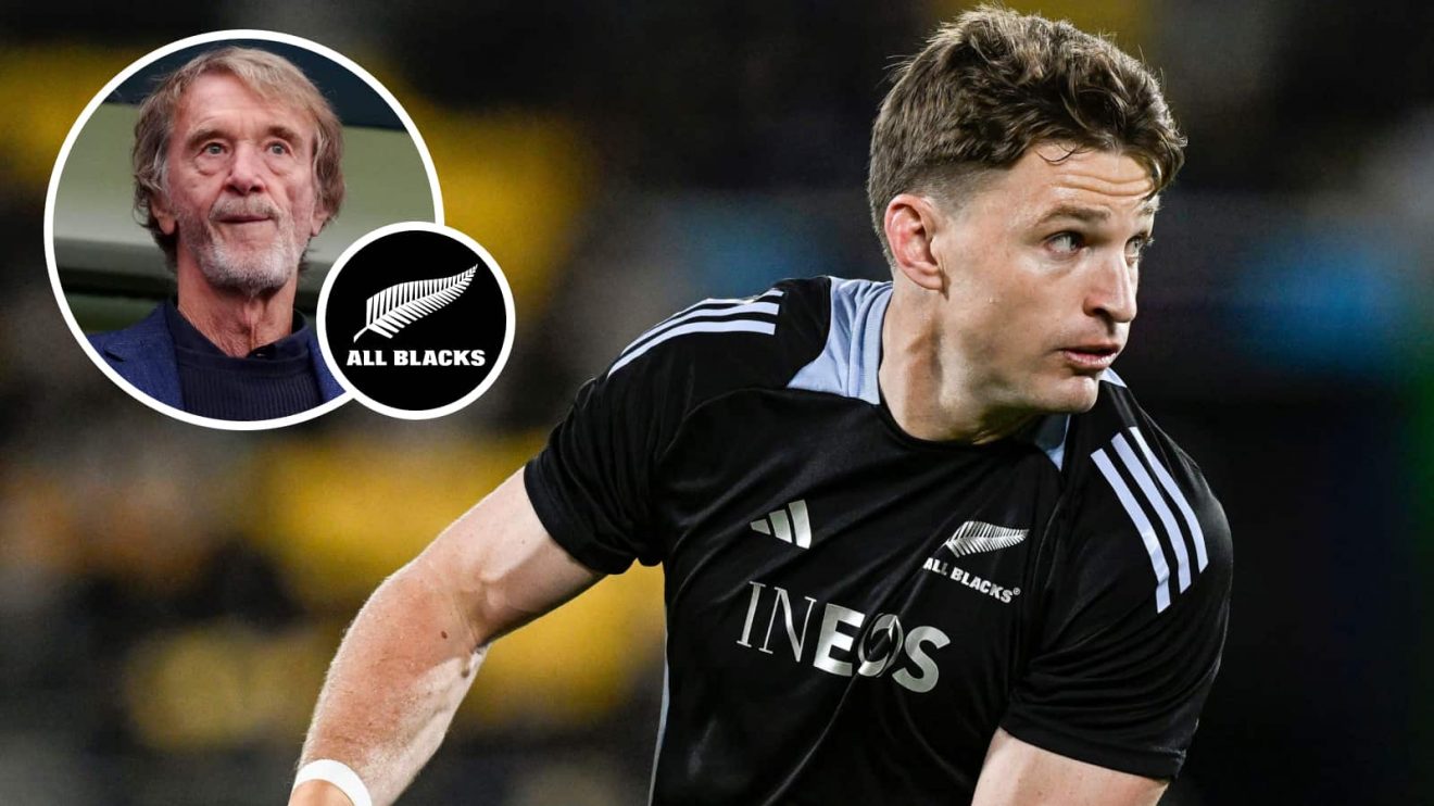 All Blacks pivot Beauden Barrett and an insert of Sir Jim Ratcliff.