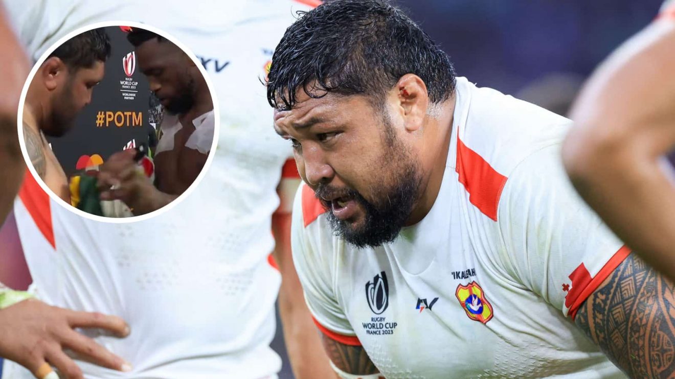 Tonga captain Ben Tameifuna and an insert of him and Springboks skipper Siya Kolisi.