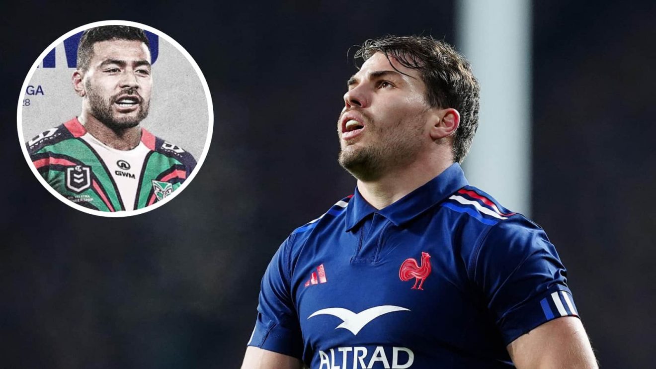 Antoine Dupont and an insert of Richie Mounga