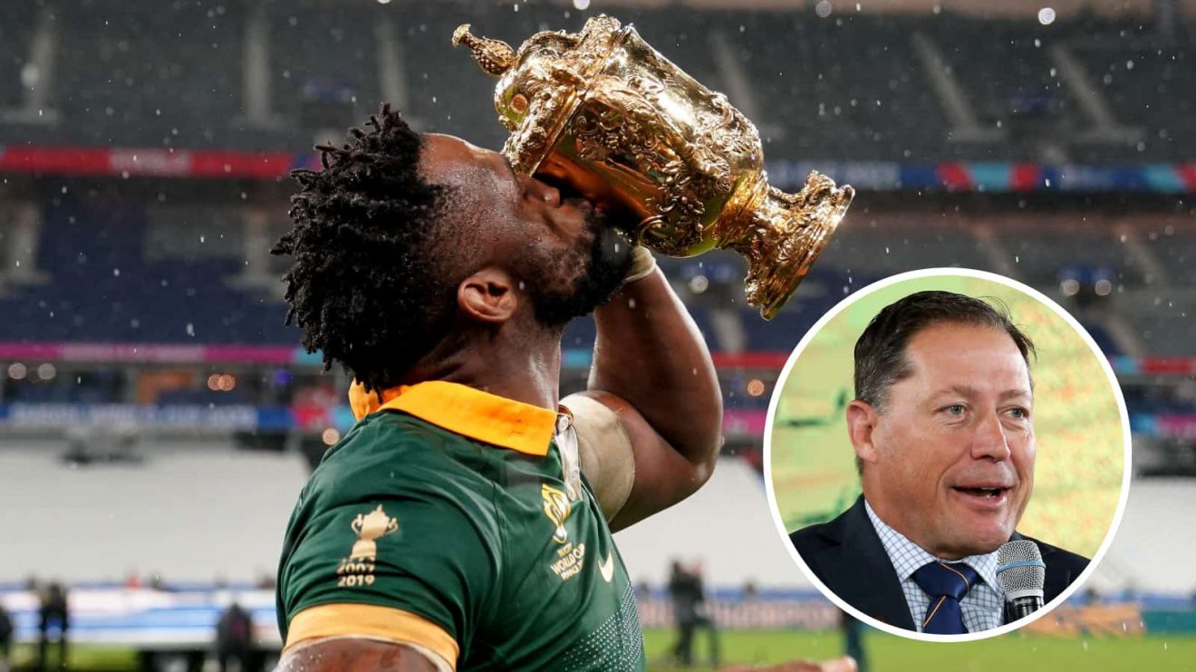 Springboks captain Siya Kolisi and an insert of Wallabies legend Phil Kearns.