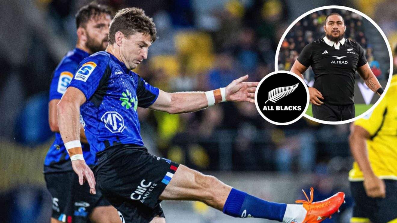 Beauden Barrett in action for the Blues and Ofa Tu'ungafasi (inset) featuring for the All Blacks in 2024.