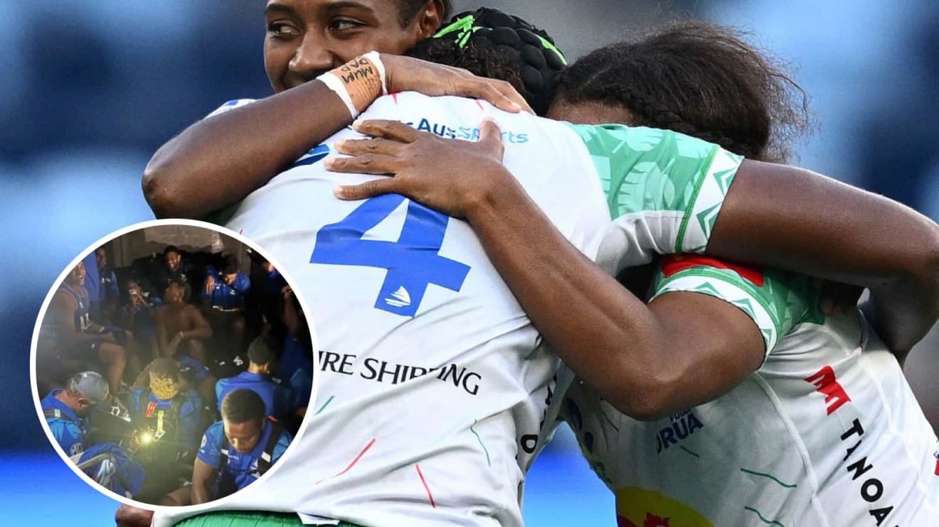 Fijian Drua in action in Super Rugby Women and the men's team having to take action (inset) after bus did not arrive.