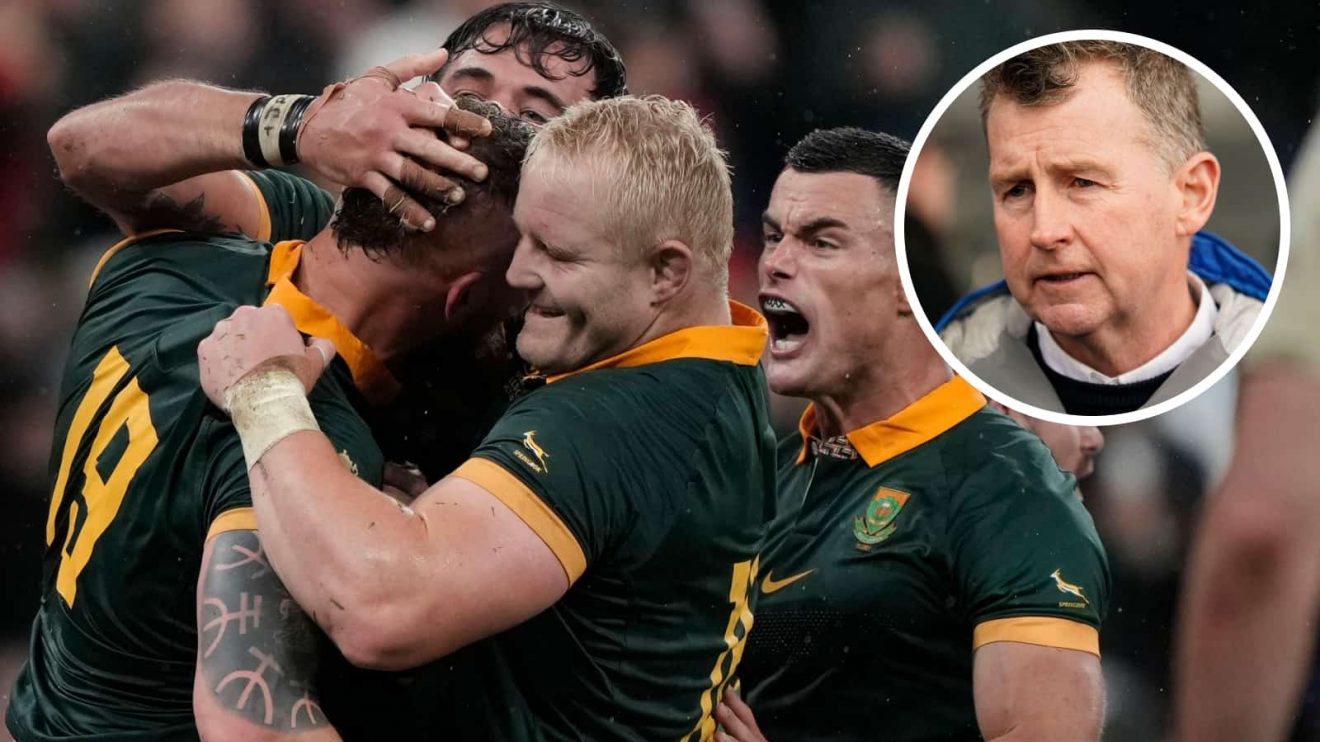 Springboks players celebrate and an insert of ex-referee Nigel Owens.