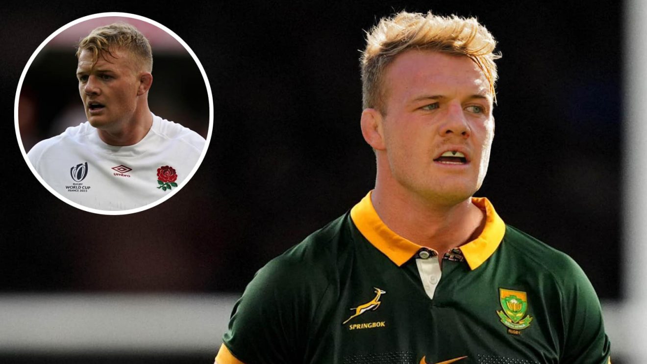 England and Toulon lock David Ribbans edited into a Springboks jersey and an insert of him at the 2023 World Cup.