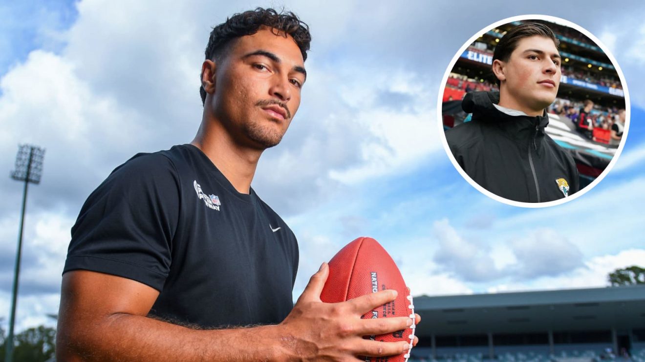 Former Wallabies star Jordan Petaia and ex-Wales wing Louis Rees-Zammit (inset), who are both signed to NFL teams.