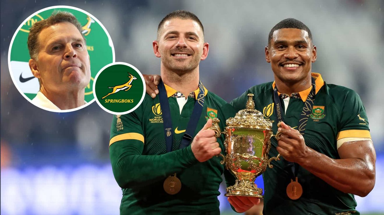 Springboks full-backs Willie le Roux and Damian Willemse with an insert of head coach Rassie Erasmus.