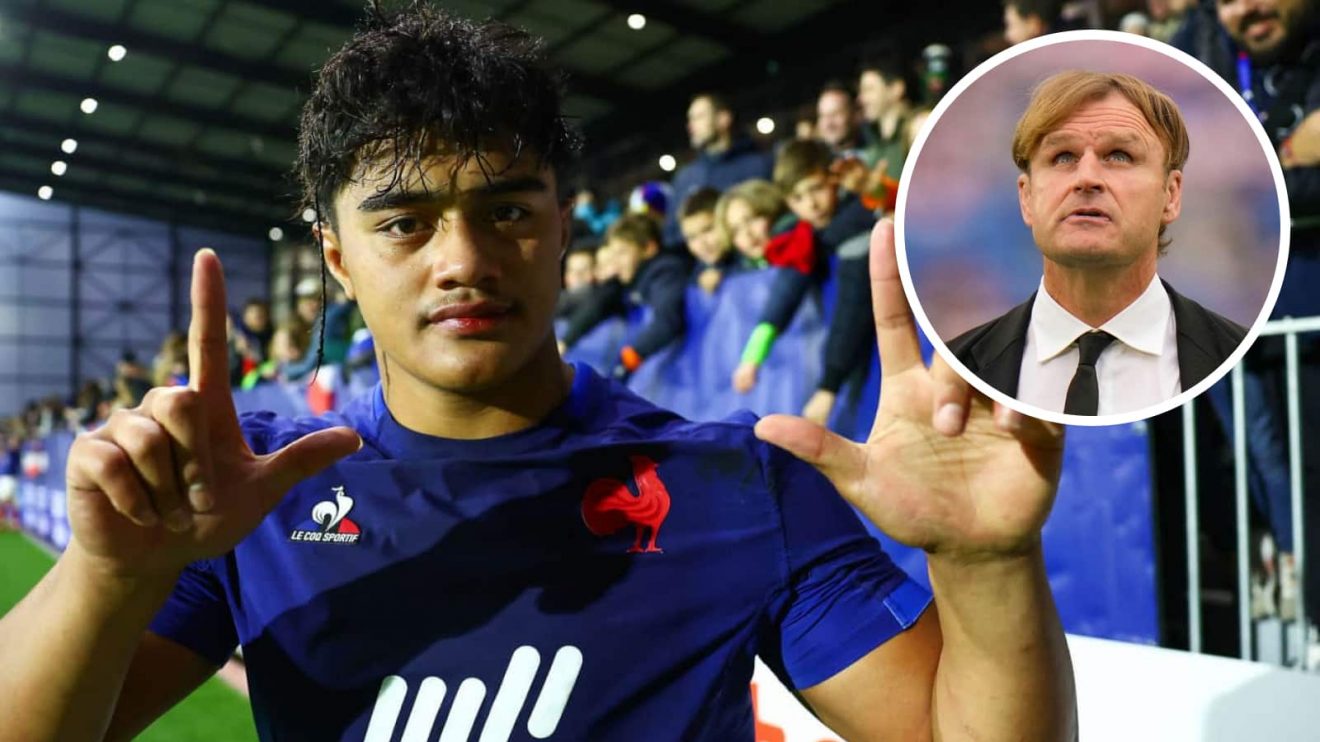 Patrick Tuifua and an insert of All Blacks coach Scott Robertson