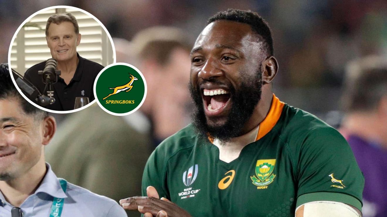 Springboks prop Tendai Mtawarira and an insert of Rassie Erasmus.