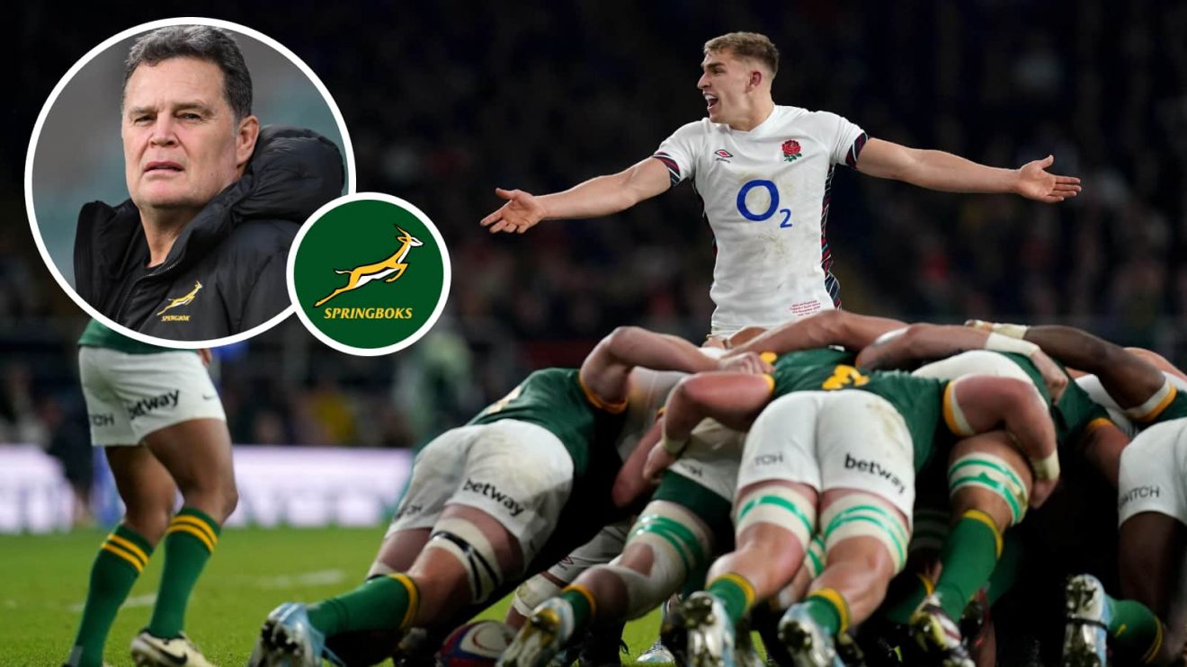 Springboks scrum v England and an insert of head coach Rassie Erasmus.