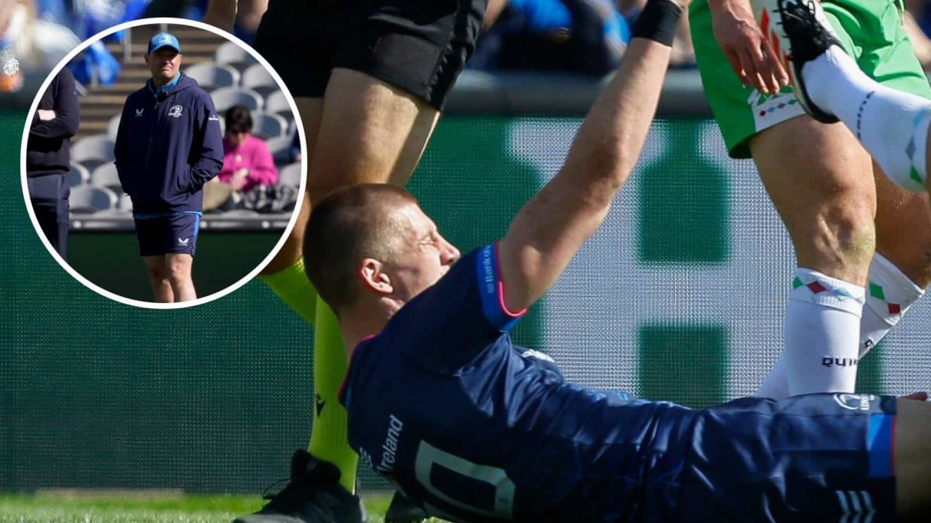 Sam Prendergast scoring try v Harlequins and Leinster senior coach Jacques Nienaber (inset).