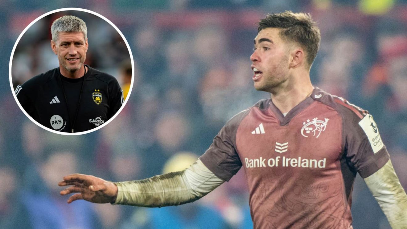 Munster fly-half Jack Crowley and La Rochelle head coach Ronan O'Gara (inset).