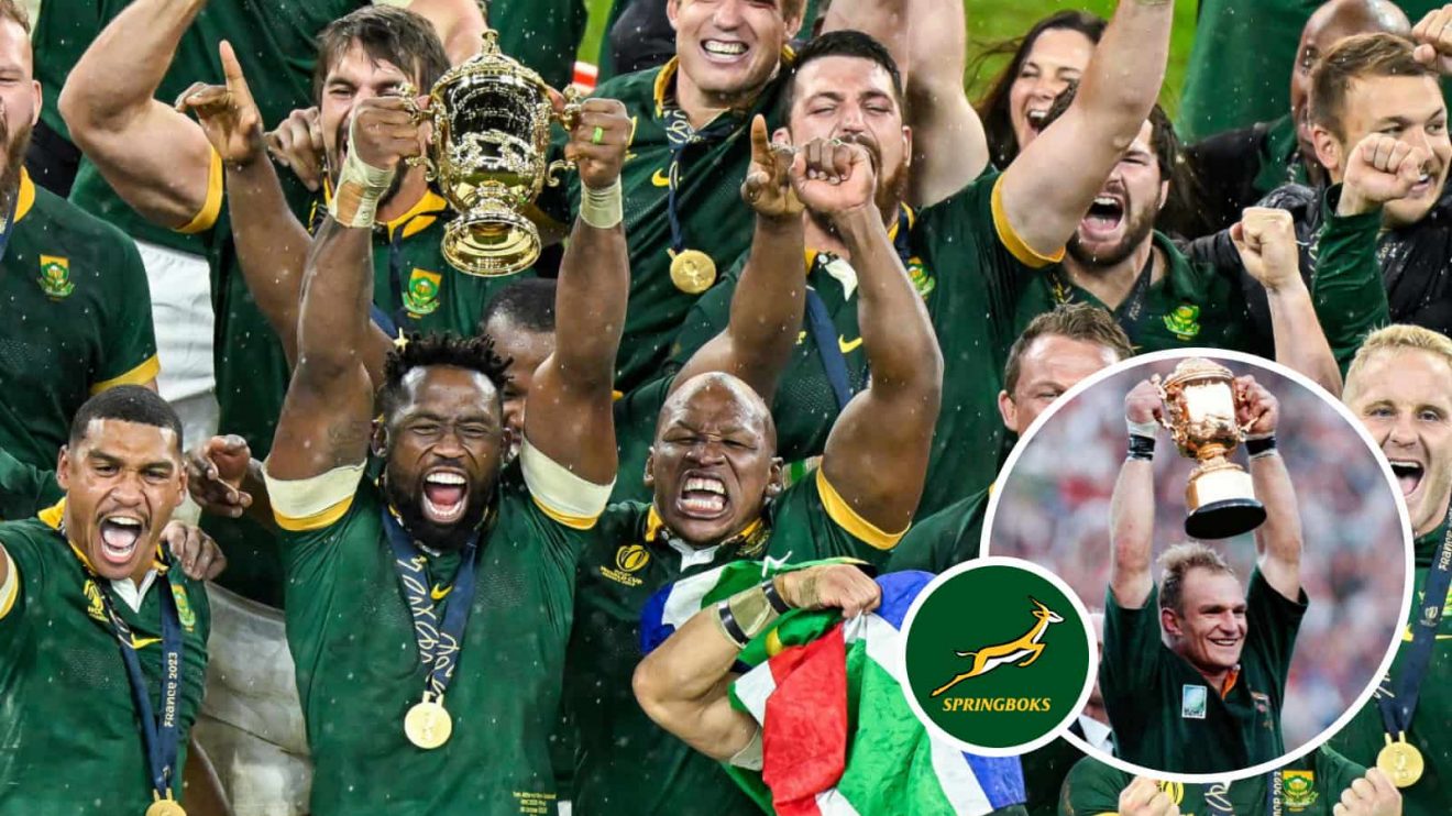 Springboks winning the Rugby World Cup in 2023 and in 1995 (inset), which was the last time they hosted the tournament.