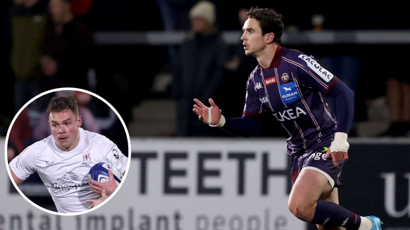 Joey Carbery in action for Bordeaux-Begles and Zac Ward featuring for Ulster (inset).