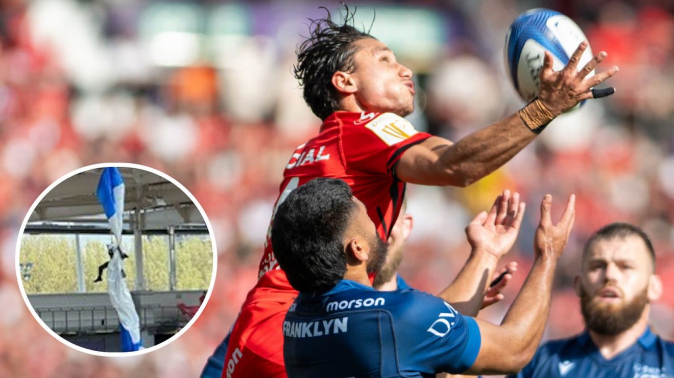 Toulouse wing Ange Capuozzo rising highest against Sale Sharks.