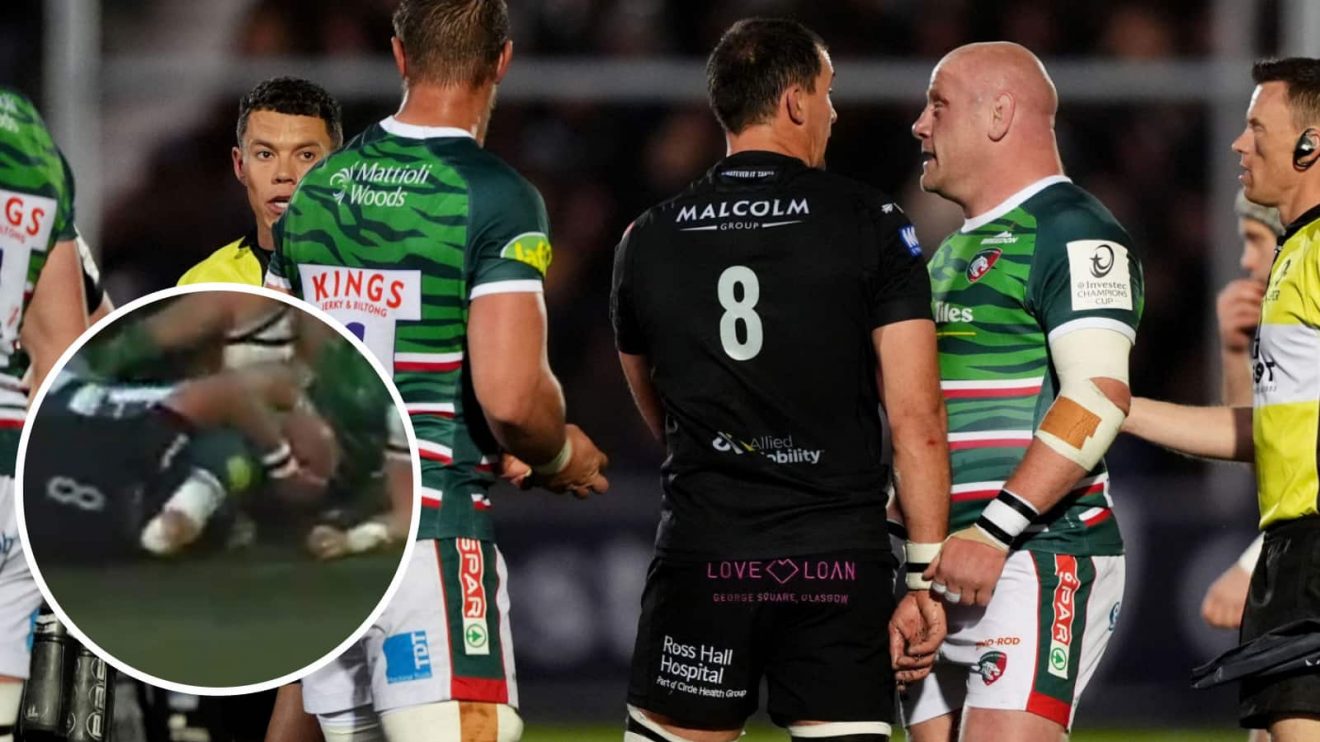 Henco Venter and Dan Cole during Glasgow Warriors' Champions Cup victory over Leicester Tigers, and the alleged eye-gouge incident (inset).