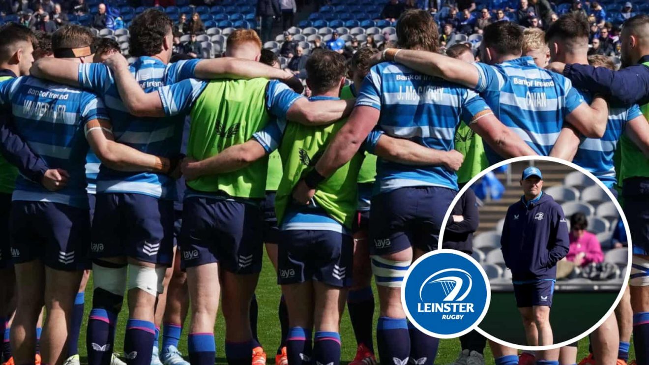 Leinster players in a huddle before Harlequins clash and senior coach Jacques Nienaber (inset).