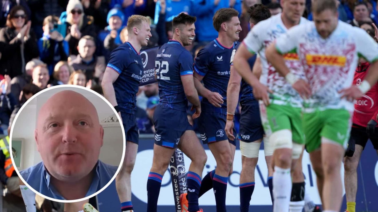 Harlequins dejected as Leinster score another try in the Champions Cup, and ex-Ireland hooker Bernard Jackman (inset).