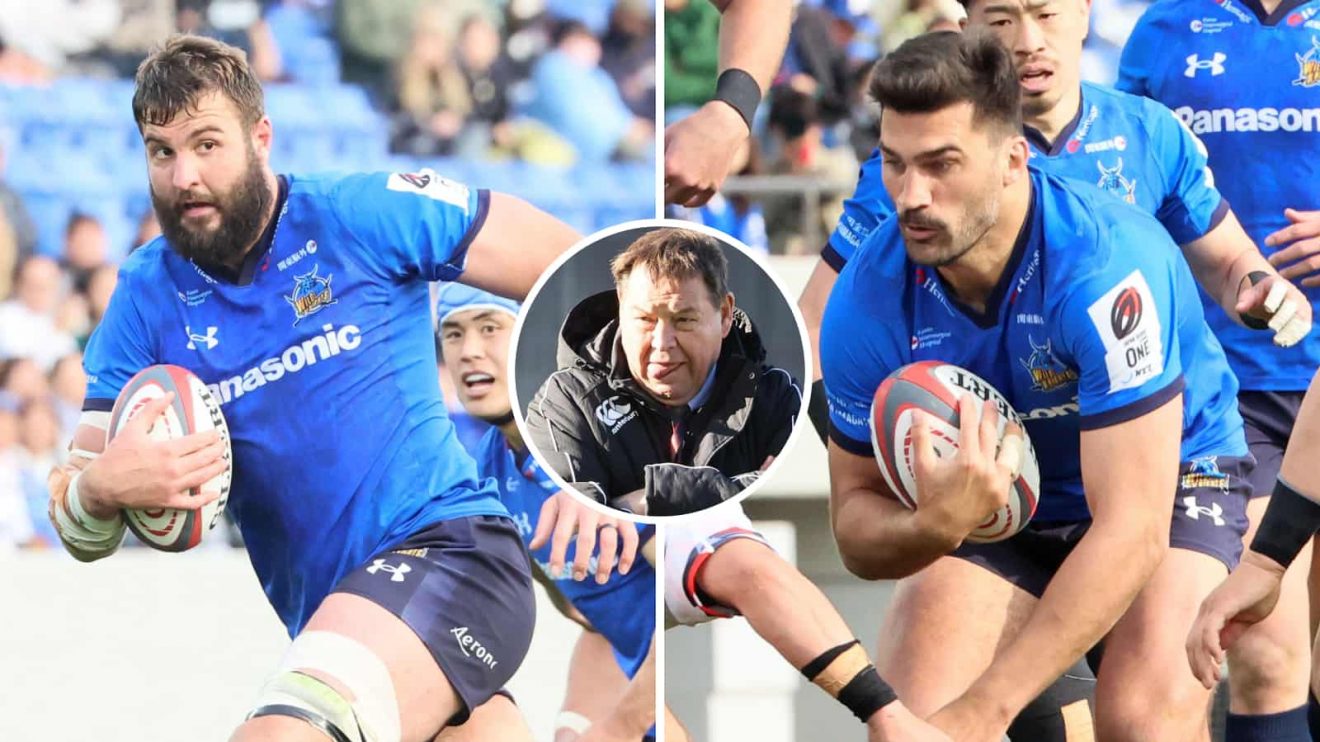 Springboks Lood de Jager and Damian de Allende playing for the Wild Knights and an insert of Toyota Verblitz coach Sir Steve Hansen.