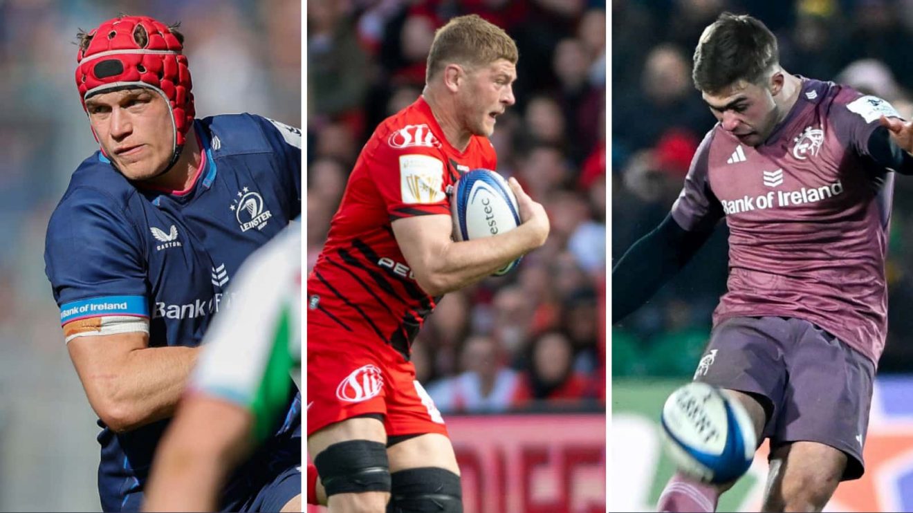 Josh van der Flier (left), Jack Willis (middle) and Jack Crowley (right) in action for Leinster, Toulouse and Munster respectively.