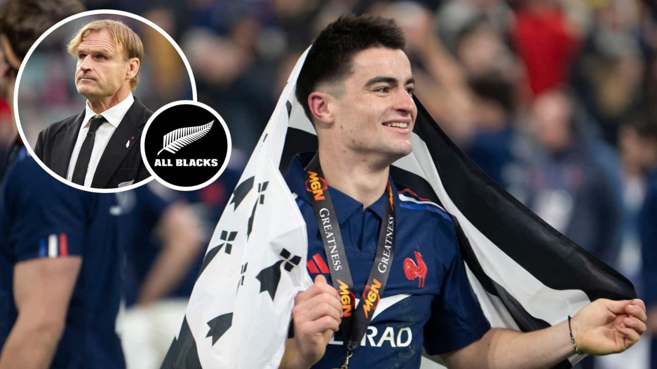 France scrum-half Nolann Le Garrec and an insert of All Blacks boss Scott Robertson.