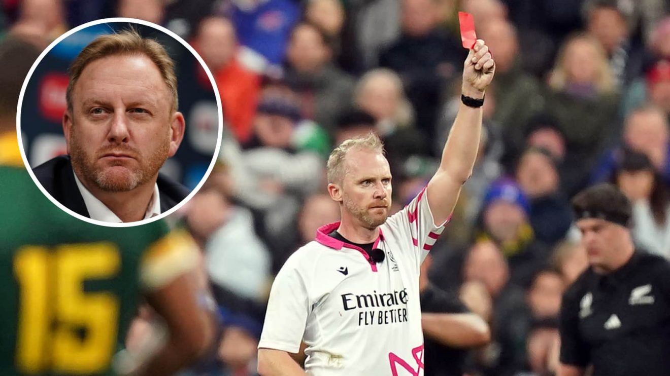 Referee Wayne Barnes shows a red card to New Zealand's Sam Cane during the Rugby World Cup 2023 Final and an insert of World Rugby Chief Executive Alan Gilpin.