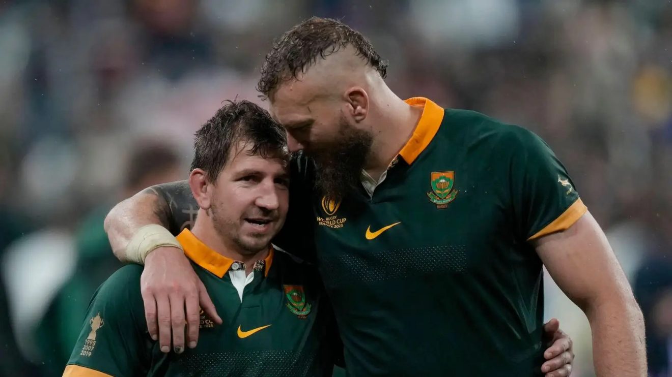 Springboks duo Kwagga Smith and RG Snyman celebrate win.