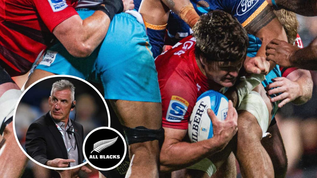 All Blacks captain Scott Barrett in action for the Crusaders in 2025 and head coach of the franchise, Rob Penney (inset).