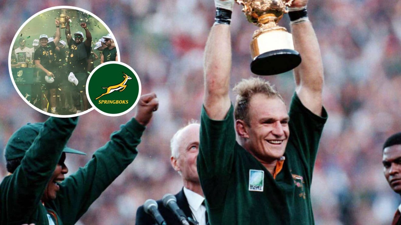 Francois Pienaar and Nelson Mandela during 1995 Rugby World Cup triumph, and 2023 Springboks celebrating in front of South African fans (inset).