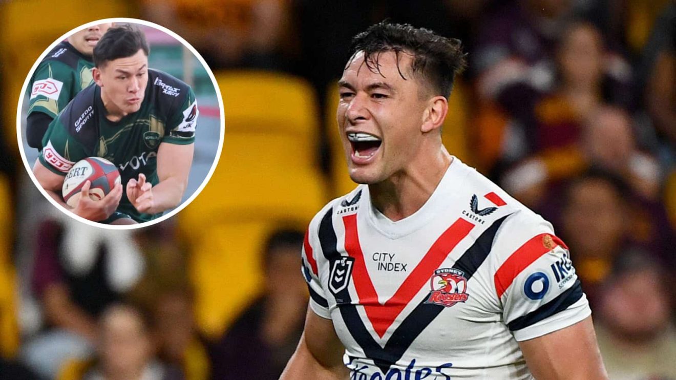 Joey Manu playing for the Sydney Roosters and an insert of him featuring for Toyota Verblitz.