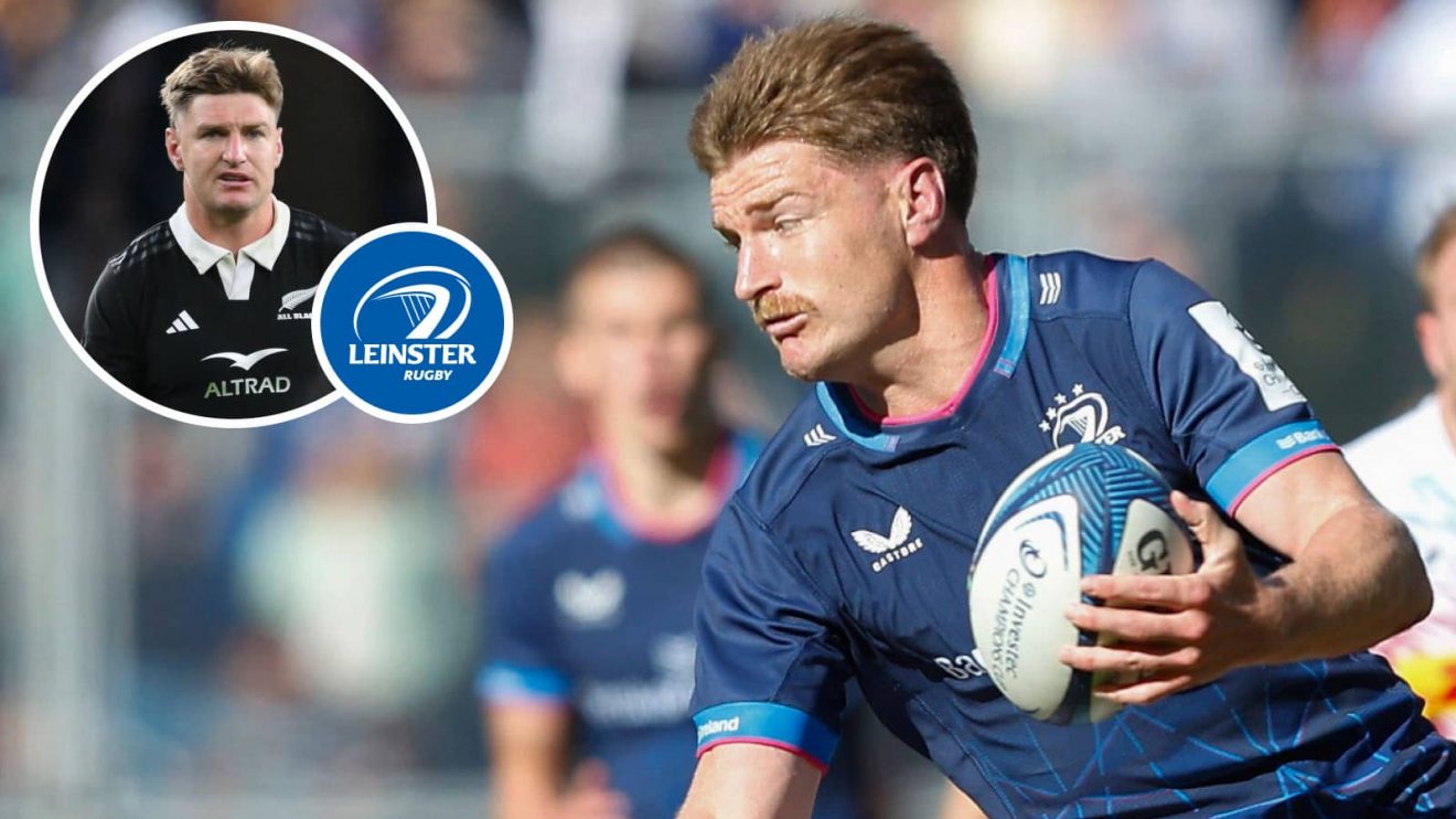 Jordie Barrett in action for Leinster and the All Blacks (inset) during 2024-25 season.