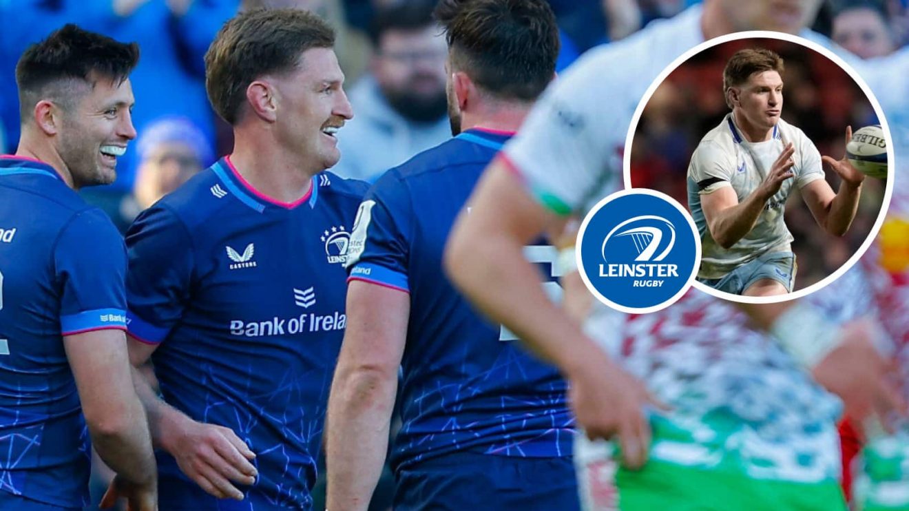 Jordie Barrett celebrates against Harlequins and the All Blacks star looking to get the Leinster attack moving (inset).