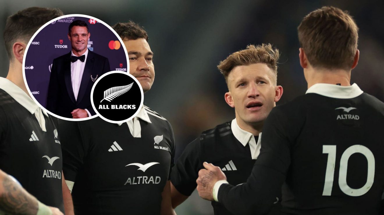 Damian McKenzie and Beauden in discussion, and All Blacks legend Dan Carter (inset).