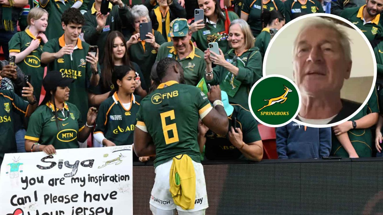 Springboks captain Siya Kolisi signing autographs for fans and former All Black Murray Mexted (inset).